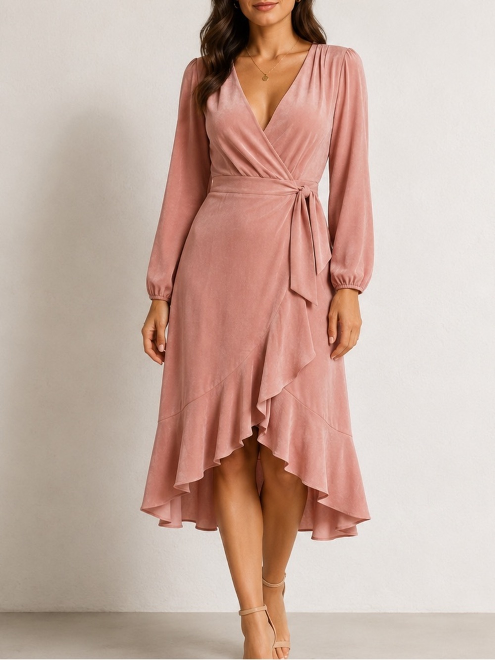 Gal Meets Glam Jennifer Satin Pink Ruffle Hem Balloon Sleeve Wrap Midi Dress